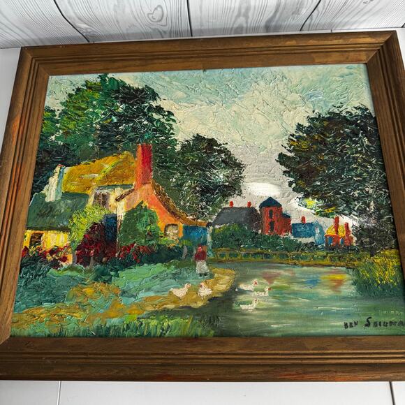Hobbyist Original Framed Landscape Oil Painting Artist 19 x 22 Farm Lake Ducks - Picture 2 of 8
